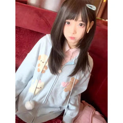 Pydshop Japanese Cartoon Patterned Hooded Tops Women Autumn Winter New Zipper Sweater Jackets Y2k Long Sleeve Loose Knitted Pullover