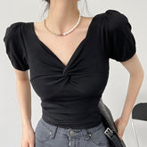 Pydshop Sheath Puff Sleeved Crop Top Fashion Ladies Cross Kink V-neck T-shirts 2022 Summer Chic Black Slim Woman Tops
