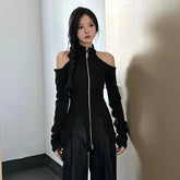 Pydshop 2024 New Stand Collar Zipper Tops Women Off Shoulder Long Sleeve T-shirts Y2k E-Girl Slim Fit Halter Knitted Tee Shirt Sweater
