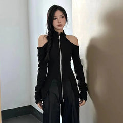 Pydshop 2024 New Stand Collar Zipper Tops Women Off Shoulder Long Sleeve T-shirts Y2k E-Girl Slim Fit Halter Knitted Tee Shirt Sweater