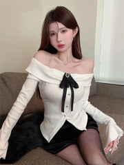 Pydshop Sweet Bow Square Collar Blusas Mujer 2024 Early Autumn New Slim Fit Split Sweaters Y2k Slong Sleeve Knitted Tops Women T Shirt