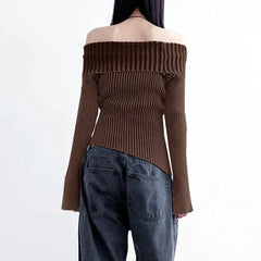 Pydshop 2024 Fashion Woman tops y2k style Vintage Brown Stripe Buckle Off Shoulder Sweater