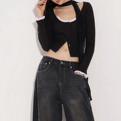 Pydshop 2024 Fashion Woman tops y2k style Sweet Knit Ribbed Buttons Up Top