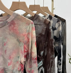 Pydshop Women's Sexy See Through Tie Dye Print Mesh Long Sleeve T-shirt Drawstring Lace Up Short Bell Sleeve Top Casual Streetwear 8929