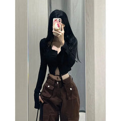 Pydshop Black Halter Two-piece Bottoming T-shirt for Women 2024 Summer New Tops Mujer Y2k Grunge Slim Fit Long Sleeve Tee Shirt
