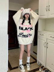 Pydshop - Oversized Sweater Women Winter Letter Jacquard Knit Sweater Thickened Casual Top Y2k Clothes O-Neck Sweater Mujer Fairy Grunge