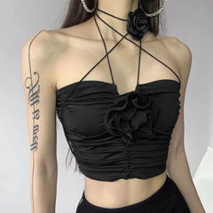Pydshop Elegant Vintage Sexy Black Rose Halter Camisole Tops All-match Hollow Out Tank Top 2024 Summer New Slim Fit Vest for Women