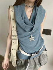 Pydshop Fashion Simple Slash Neck Hooded Tank Top 2024 Summer New Knitted Vest for Women Y2k E-Girl Sleeveless Bottoming Tops Mujer