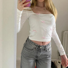 Pydshop 2024 Fashion Woman tops y2k style Sweet White Bow Slim Square Neck Top