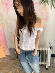 Pydshop 2024 Summer New White Vest for Women Sexy Slim Fit Single Breasted Tank Top Y2k E-Girl Sleeveless Ruffles Camisole Tops Shirt