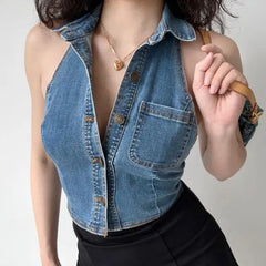 Pydshop Spring Outfit 2024 New Retro Sexy Style Tight-fitting Thin Casual Denim Vest Women's Solid Color Lapel Short Tank Top0505