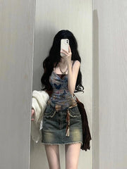 Pydshop American Retro Butterfly Print Layered Tank Top 2024 Summer New Sleeveless Tops Y2k Irregular Slim Fit Vest Two Piece Sets