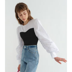 Pydshop Women's Clothes Shirt White Shirt Splicing Fashion Vintage Female Puff Sleeve Chic Baggy Casual Pullover Blouse Tops Fall 2023 Outfits