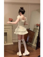 Pydshop Sweet Square Collar Bow Puff Sleeve Slim Fit Floral Tops Women+ High Waist Ruched Lace Skirts 2024 Summer New Two Piece Sets