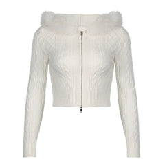 Pydshop 2024 Fashion Woman tops y2k style White Twisted Fluffy Zip Up Knitted Sweater