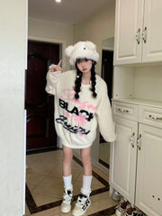 Pydshop - Oversized Sweater Women Winter Letter Jacquard Knit Sweater Thickened Casual Top Y2k Clothes O-Neck Sweater Mujer Fairy Grunge