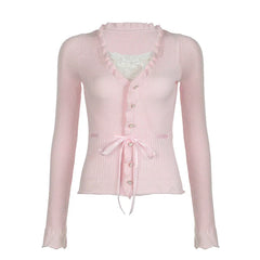 Pydshop 2024 Fashion Woman tops y2k style Sweet Pink Knitted Lace Patched Buttons Top