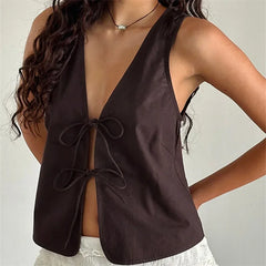 Pydshop Women Bow Ties Sleeveless Crop Top Retro Strappy Tank Top Summer Short Vest Fashion Streetwear Y2k Tops