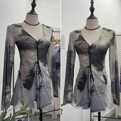 Pydshop Retro Hot Girl Tie Dye Printed Long Sleeve Shirt V-neck Lace Up Irregular Shoulder Pads T-shirt Short Top Casual Streetwear 2622