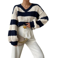 Pydshop Striped Drop Shoulder Sweater Fashion Women Loose Sweater Long Sleeve Simple Knitwear V-Neck Contrast Casual Sweater Top Fall Outfits 2023