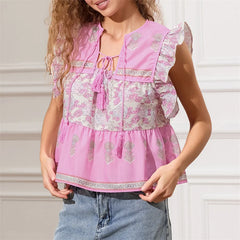 Pydshop Women y2k Vintage Ruffles Sleeve Shirts Floral Print/Stripe Tassel Tie-Up Fashion Blouses Summer Casual Tops