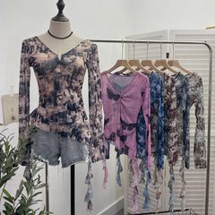 Pydshop Women's Sfumato Printed Mesh Thin Hot Girl Long Sleeve T-Shirt Irregular Ruffled Crop Top V Neck Summer Party Long Sleeve Shirt