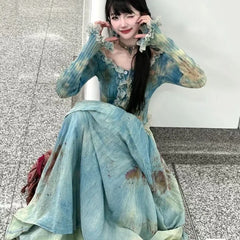 Pydshop Elegant Vintage Tie Dye Slim Fit Fungus Long Sleeve Tops Women+ Y2k High Waist Ruched Skirts 2024 Summer New Two Piece Sets