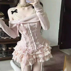 Pydshop Fashion Sweet Bow Off Shoulder Long Sleeve Tops Women+ Y2k High Waist Ruched Cake Skirts 2024 Autumn New Two Piece Sets