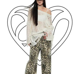 Pydshop American Street Hole Hollow Out Sweaters Fashion Sexy Off Shoulder Knitted Tops 2024 New Long Sleeve Loose Pullover Mujer