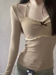 Pydshop All-match Square Collar Lace Bow Tops Mujer 2024 Early Autumn New T-shirt for Women Y2k Slim Fit Long Sleeve Tee Shirt