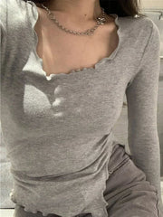 Pydshop Women Sexy Bodycon T-shirts Autunmn Women Long Sleeve Irregular Crop Top Modis Sheath T-shirts Fashion Spring Solid Tops korean