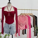 Pydshop Women Square Neck Tie Halter Mesh See Through Long Sleeve T-shirt Sexy Lce Up Slim Fit Short Slit Cuff Top PartyClub Streetwear