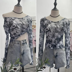 Pydshop Women's Vintage Tie Dye Print Long Sleeve T-Shirt Hot Girl Sexy See Through Mesh Bottoming Short Crop Top 2612 Party Essential