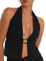 Pydshop Women's Halter Tank Tops Sleeveless Backless Split Front Ruched Drawstring Tops Y2k 2000s Clothes Streetwear