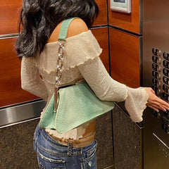 Pydshop 2024 Fashion Woman tops y2k style Vintage Lace Flare Sleeve Off-Shoulder Top