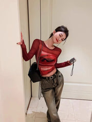 Pydshop 2024 Spring New O-neck Slim Fit Thin Tee Shirt Mesh Sun Protection Tops Women Y2k E-Girl Long Sleeve Bottoming T-shrits