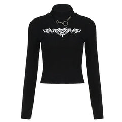 Pydshop 2024 Fashion Woman tops y2k style Gothic Dark Print Skinny Turtleneck Cropped Top