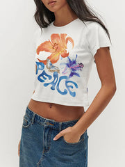 Pydshop Women Graphic Baby Tees Y2k E Girls Short Sleeve Floral Printed Crop Tops Slim Fitted Aesthetic Summer Shirts Vintage Streetwear