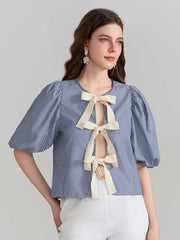 Pydshop Y2k Women Short Puff Sleeve Shirts Striped Bow Tie Front Open Crop Tops Ruffle Cute Teen Girl Lace Up Blouse