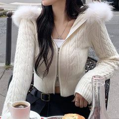 Pydshop 2024 Fashion Woman tops y2k style White Twisted Fluffy Zip Up Knitted Sweater