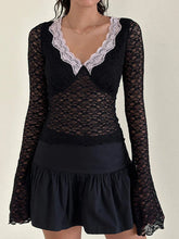 Pydshop Women Spring Fall Lace Top Mesh See Through Long Sleeve Crop Tops Sexy Sheer Deep V Neck Floral Lace Shirt Blouse Y2K Fairy