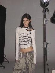 Pydshop Streetwear White Crop T Shirts Women Grunge High Street Y2k Hollow Out Tops Kpop Aesthetic Slim Long Sleeve Tees Autumn