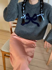 Pydshop 2024 Spring New Bow O-neck Knitted Tops Women Fashion Vintage Loose Pullover Mujer Y2k Grunge Long Sleeve Black Sweaters