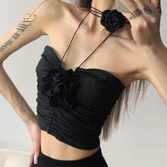 Pydshop Elegant Vintage Sexy Black Rose Halter Camisole Tops All-match Hollow Out Tank Top 2024 Summer New Slim Fit Vest for Women