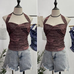 Pydshop Tie Dye Denim Print Pleated Mesh Camisole Women's Halter Tie Bow Halter Crop Top Cute Party Sweats Holiday Mini Vest Summer Tee