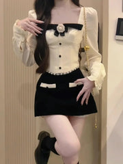 Pydshop Elegant Sweet Square Collar Bow Long Sleeve Tops Women+ Y2k E-Girl High Waist Bodycon 2024 Spring New Skirts Two Piece Sets