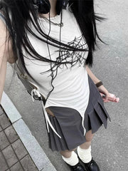 Pydshop American High Street Camisole Vest for Women Y2k Irregular Slim Fit Hollow Out T-shirts 2024 Summer New Web Print Tank Top