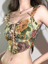 Pydshop Vintage Floral Print Corset Top Women Sexy Hollow Out Lace Up Bandage Tank Tops Elegant Chic Slim Sleeveless Bodycon Streetwear