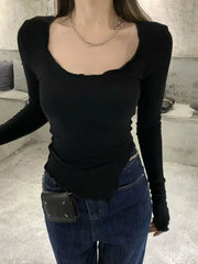 Pydshop Women Sexy Bodycon T-shirts Autunmn Women Long Sleeve Irregular Crop Top Modis Sheath T-shirts Fashion Spring Solid Tops korean