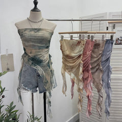 Pydshop Women's Tie Dye Ruffled Ribbon Mesh Tube Top Irregular Mesh Sleeveless Tube Top Sexy Backless Vest Party Leisure Essential Y2K